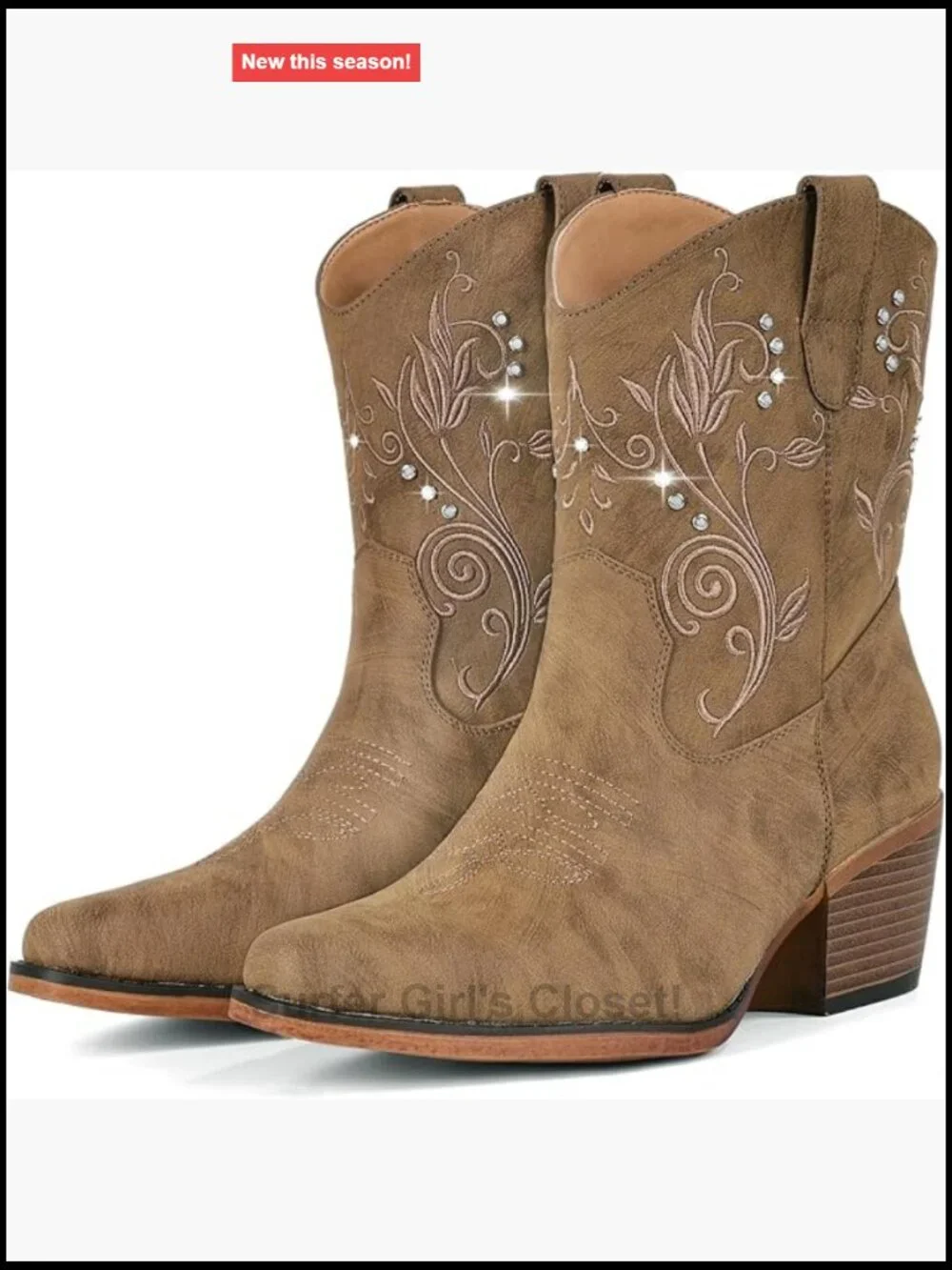 Women's Western Cowboy Ankle Boots with Rhinestone Embellishments Chunky Heel